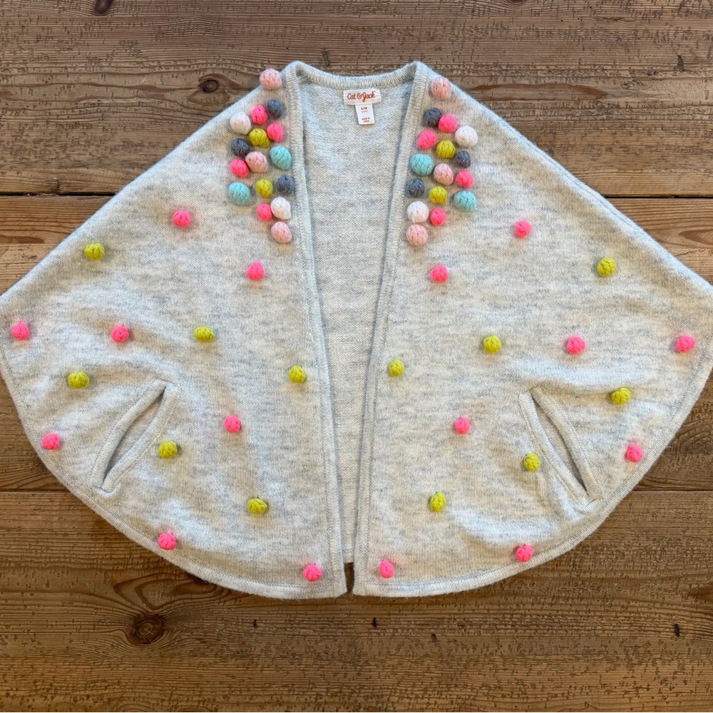 Cat & Jack Gray Kids Cape with Colorful Pom-Poms